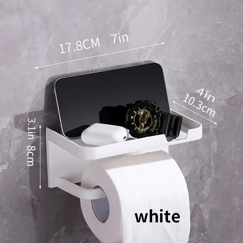 1pc Wall Mounted Toilet Paper Holder with Phone Shelf - Punch-Free Bathroom Tissue Box and Roll Dispenser