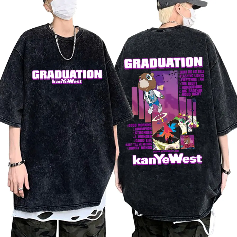 

Washed Vintage Rapper Kanye West Graduation Bear Graphic T-shirts Men Hip Hop Fashion Pop Music T Shirts Oversized Streetwear