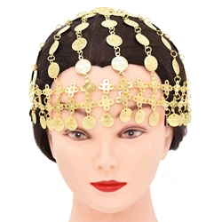 Gold Plated Coins Hat Hair Jewelry for Women India Belly Dance Head Chain Headpiece Ethnic Tribal Statement Hair Accessories