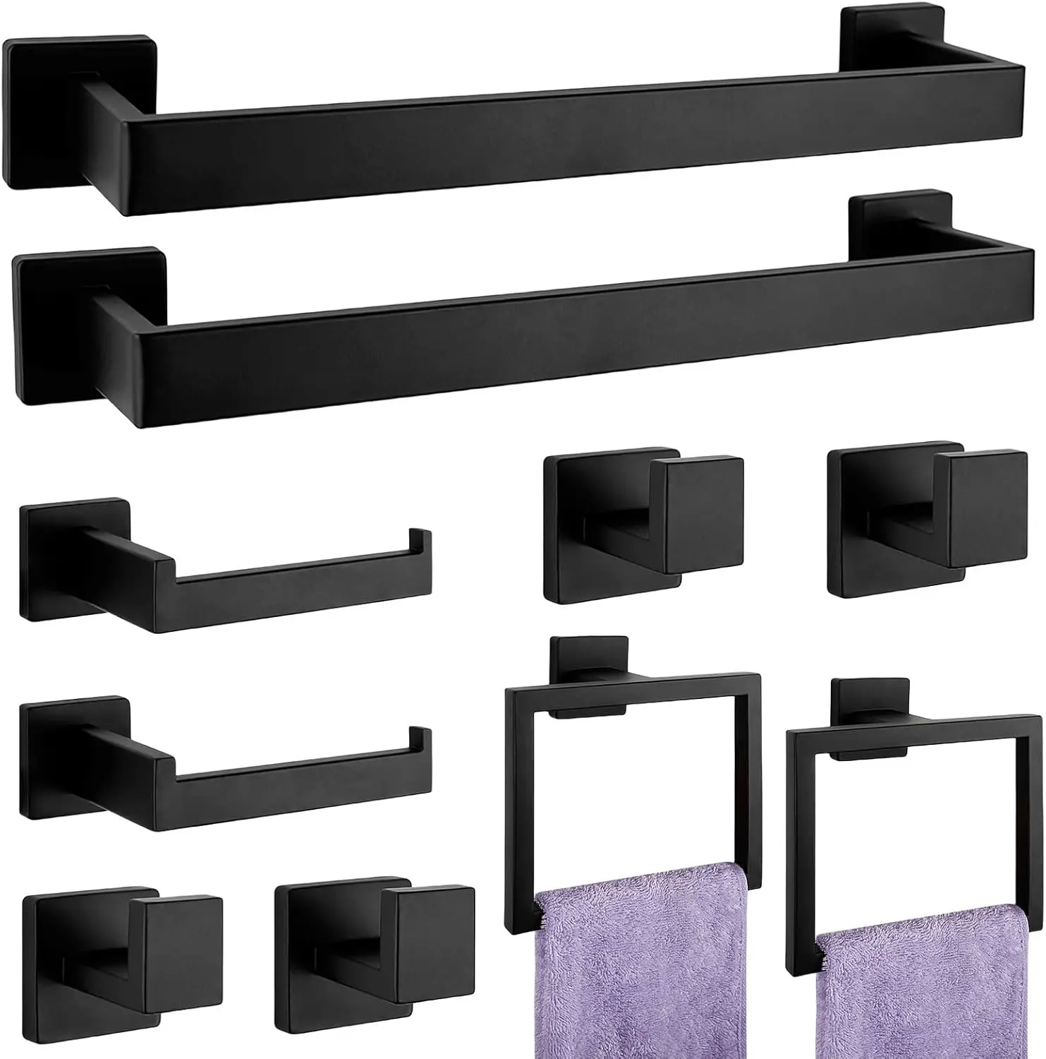 

10-Piece Matte Black Bathroom Set. SUS304 Stainless Steel. Towel Bar, Rack, Paper Holder, Ring, Hook. Wall-Mounted.
