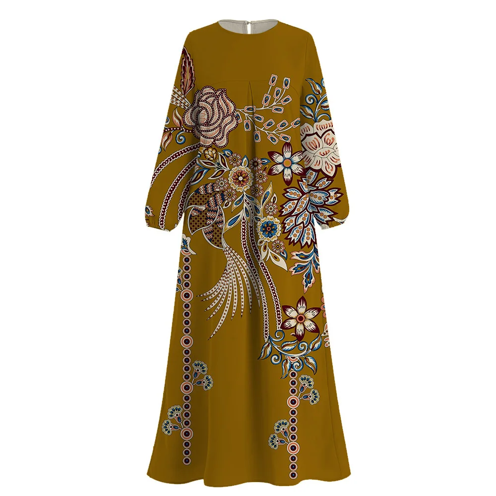 Fashion Muslim Femme Abaya Islamic Dress Dubai Turkey Boho Floral Print Long Sleeves Abayas Muslim Dress O-Neck Casual Robe