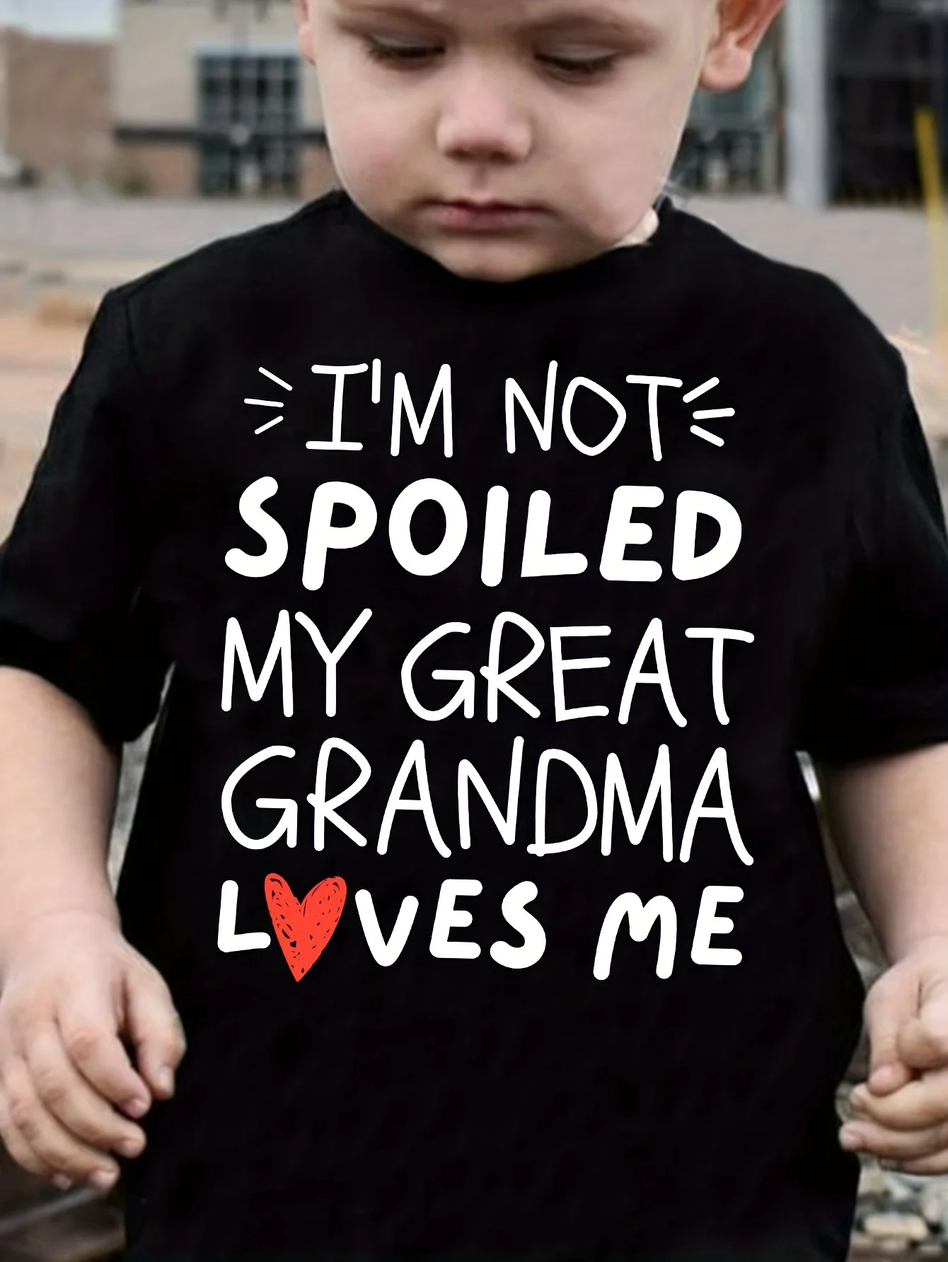 Funny letter print design “I'm Not Spoiled My Great‑Grandma Loves Me” cute family‑themed kids graphic tee