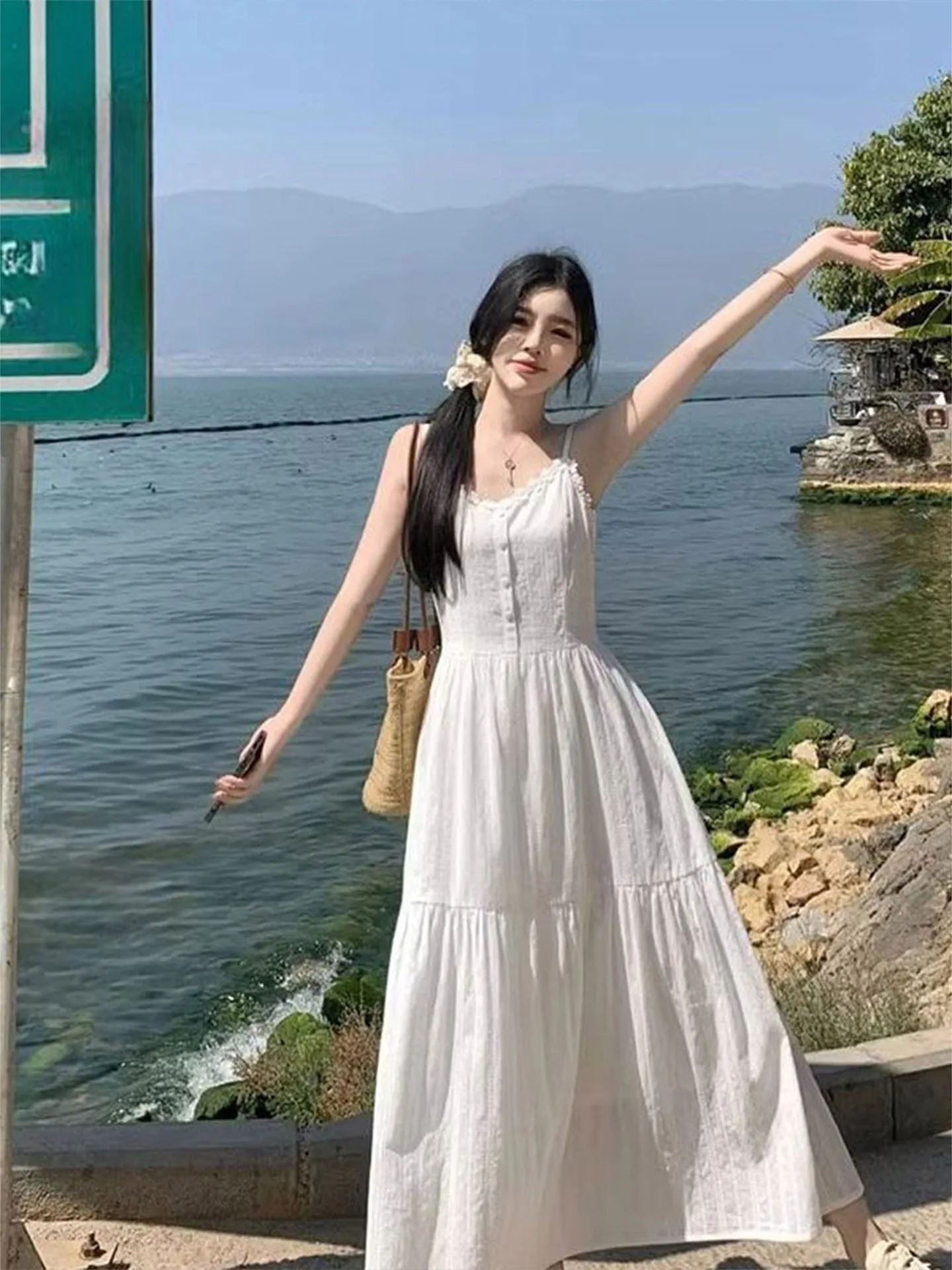 Summer Beach Vacation White Gown Set Women's Gentle Wind First Love Series Long Skirt Strapless Dress Breathable Polyester Fiber - view 3