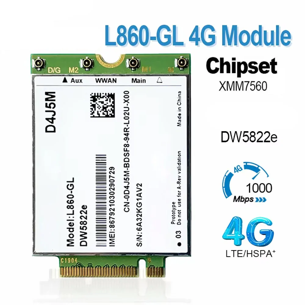 L860-GL DW5822e XMM7560 D4J5M 4G WWAN Card LTE M.2 CAT16 1Gbps Module For Inspiron 7490 Laptop Notebook