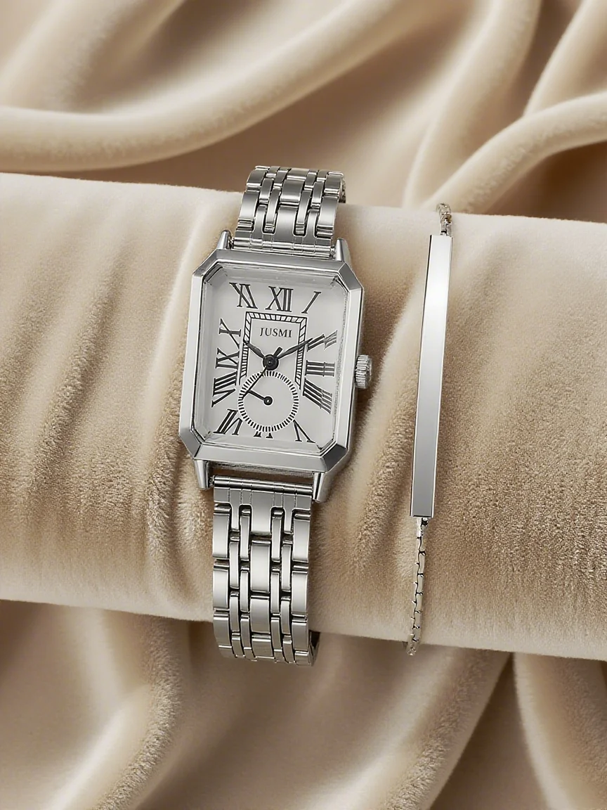 

Fashion Light Luxury Square Dial Steel Band Women Quartz Watch Bracelet Two-piece Set for Christmas and Halloween Gifts