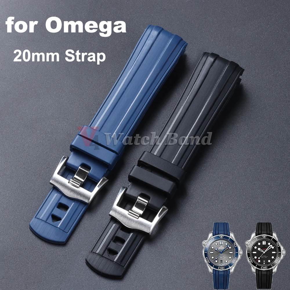 Curved End Silicone Strap 20mm for Omega Seamaster 300 Replacement Band WomenMen Wristband Waterproof Bracelet Watch Accessories