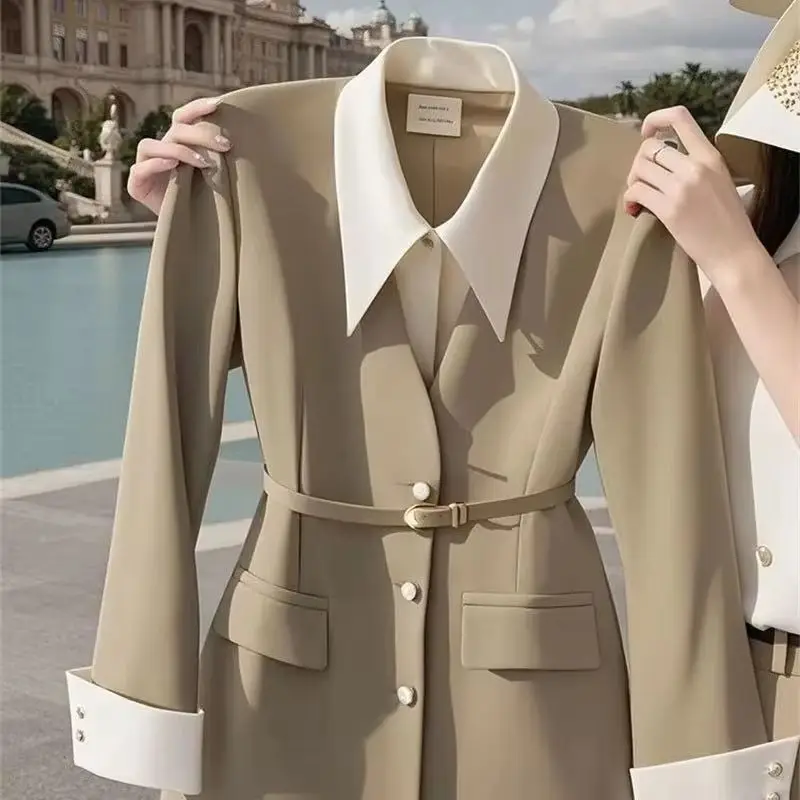 

Fashion Design Sense Fake Two coat Top Spring Autumn Jackets Look Good Small Fragrant Style Khaki Belt Outerwear Female