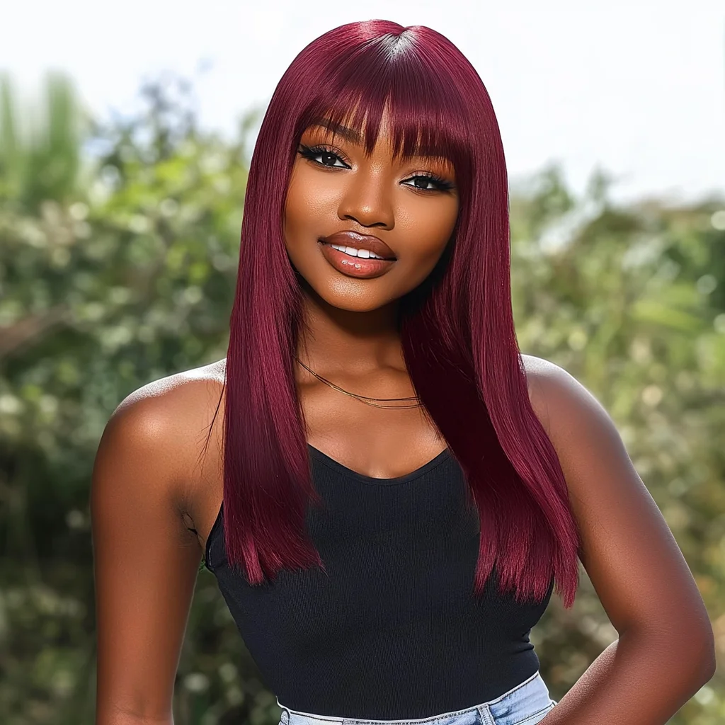 

Lekker Colored 99J Burg Red Bone Straight 100% Human Hair Wig With Bangs For Women Brazilian Remy Hair Full Machine Made 20" Wig