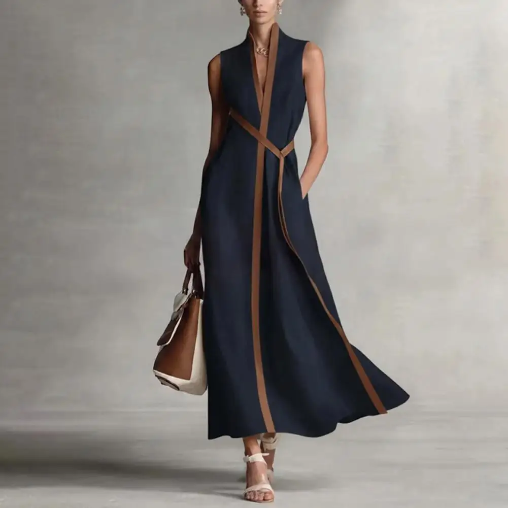 Summer Sleeveless Dress For Women Casual Stand Collar V Neck Maxi Dress Flowy Cocktail Wedding Guest Dress Special Occasions
