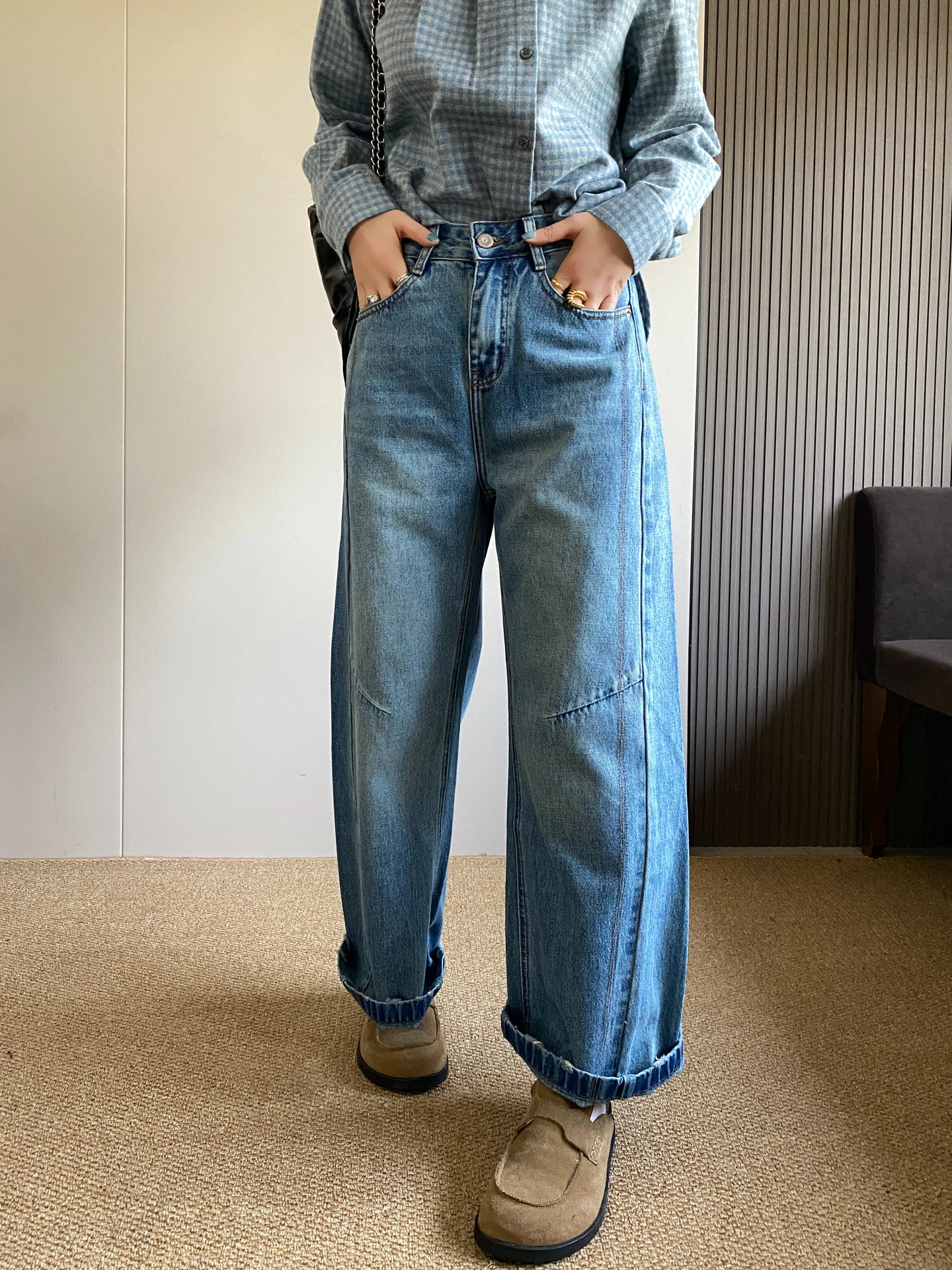 

Женские джинсы с высокой талией, свободные, прямые, весна 2026, новинка, синие, повседневные, износостойкие, широкие брюки