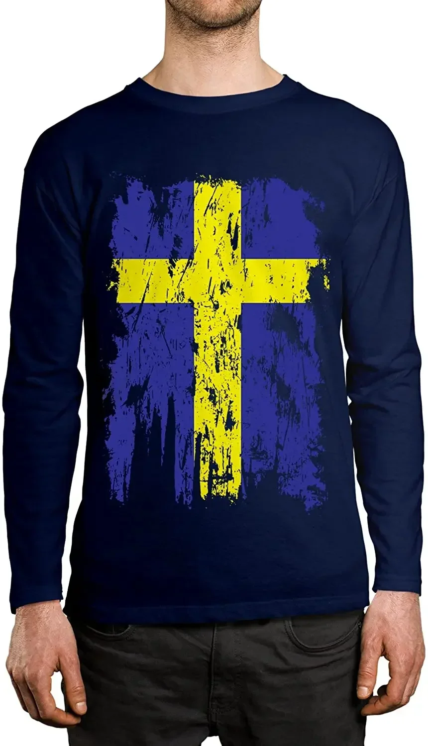 Distressed Sweden Flag Men's Long Sleeve T-Shirt Full Casual 100% Cotton Men Clothing