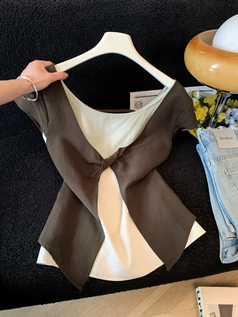 

Korean Style Color Block Knot Sleeveless Shirt Women Summer Loose Slimming Top Breathable Cotton Polyester Blend Short Sleeve...