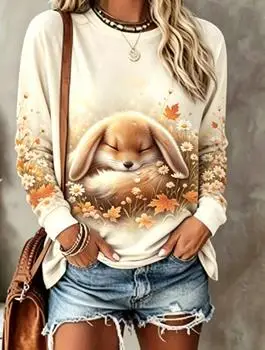 Women's Crew Neck Long Sleeve Sweatshirt Cute Bunny Sunflower Autumn Maple Leaf Print Casual Loose Pullover Tops