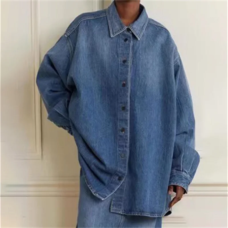 

Women's shirt New retro pure cotton lapel long sleeved top for summer 2025 Casual versatile Women's blouse y2k Denim thin coat