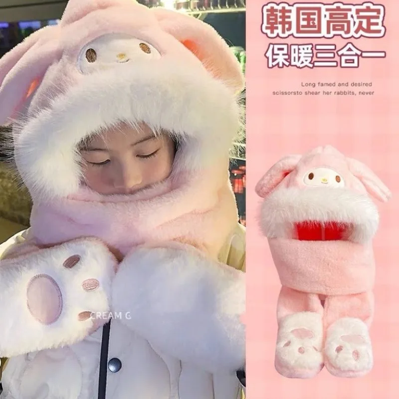 Cinnamoroll Kuromi Anime Kawaii Sanrio Children Hat Scarf Gloves One Winter Cute Pochacco Fleece Ear Protection Warm Cowl Gifts