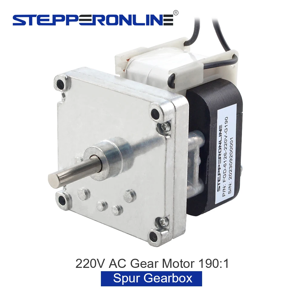 

STEPPERONLINE 220VAC Brushed AC Gear Motor 20Kg.cm/14RPM 8mm Diameter Gear Ratio 190:1 Rectangular Spur Gearbox