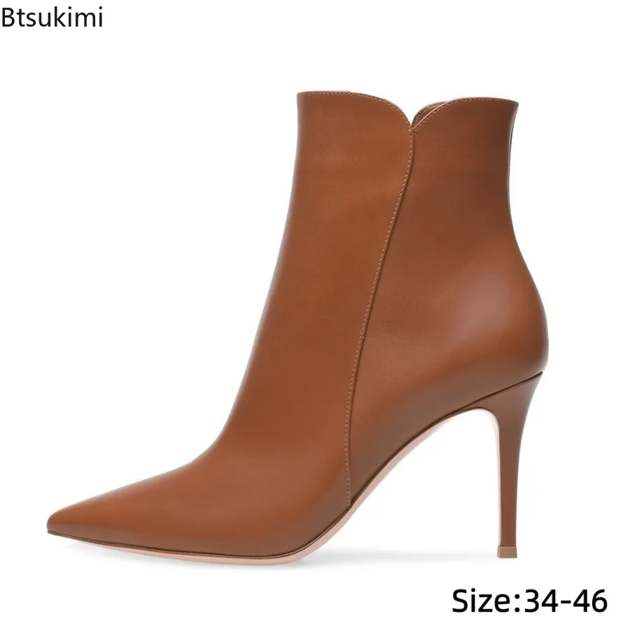 Spring Autumn Women's Leather Stiletto Ankle Boots Elegant Pointed Toe Plus Size Shoes Office Ladies Side Zipper Solid Booties