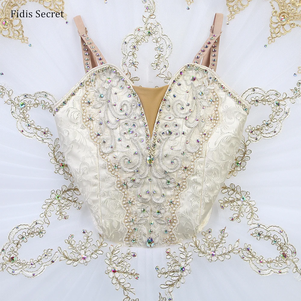 

Ivory Top Bodice Gold Trim Classic Pancake Ballet Tutu Girls Ballerina Sleeping Beauty Professional Dance Performance Stage Wear