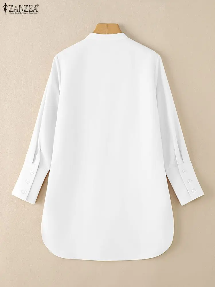 ZANZEA المرأة عادية الأبيض قمصان طويلة 2025 الخريف اليوسفي طوق زر حتى بلون مدورة هيم الجانب الشق قميص S-3XL