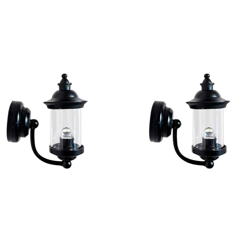 B05C-2X Akcesoria do domku dla lalek w skali 1/12, miniaturowa lampa ścienna LED, lampa zewnętrzna, czarna lampa ścienna, zasilana bateryjnie