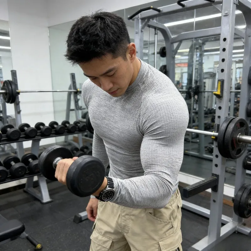 T-shirt manches longues en Jacquard pour hommes, décontracté, sans couture, coupe cintrée, respirant, séchage rapide, extensible, haut d'entraînement physique