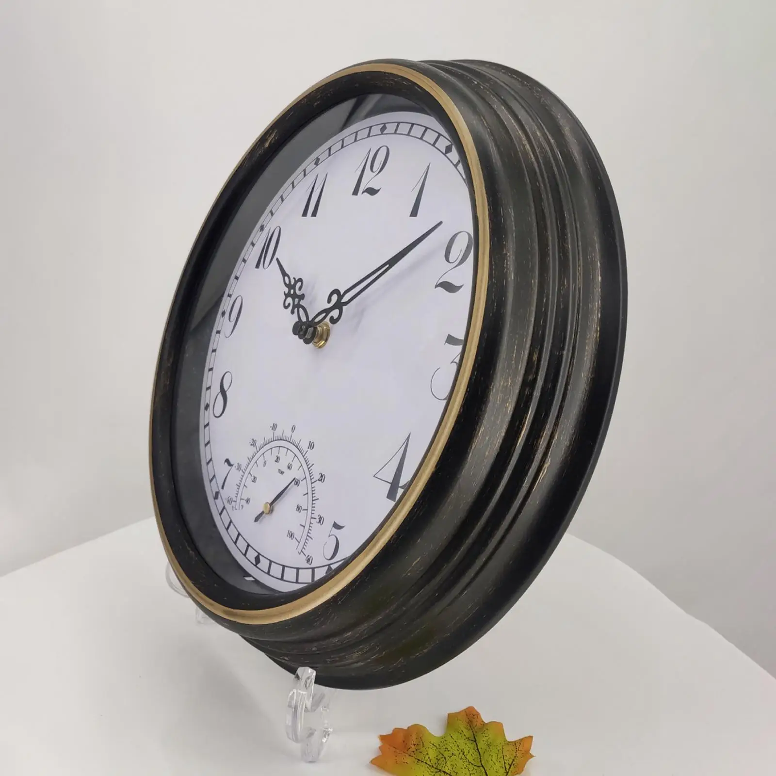 Outdoor Wall Clock with Thermometer Waterproof 12 Inch Retro Black Frame Non Ticking Quartz Battery Operated