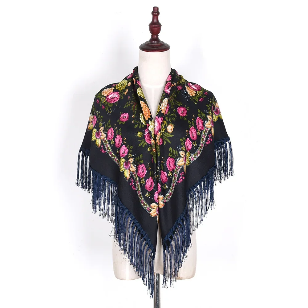 115*115cm Luxury Floral Print Russian Square Scarf Women Ethnic Style Traditional Fringed Ukrainian Shawl  Travel Beach Shawls