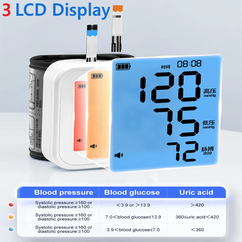 SINOCARE 3 in 1 Glucometer KIT Blood Pressure Glucose Uric Acid Meter or Test strips Lancets Rapid test for Gout Diabetes