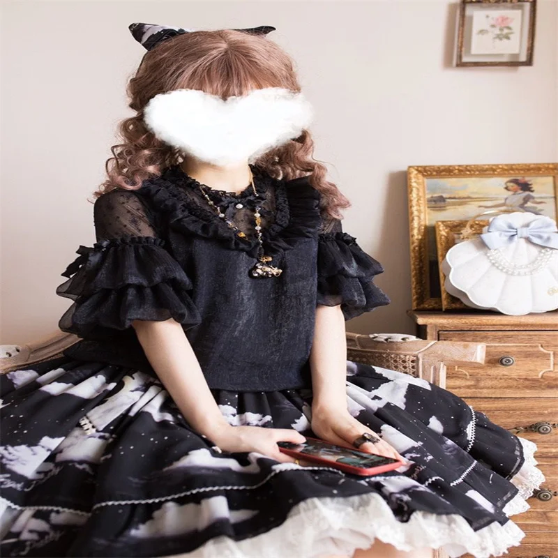 Kawaii Lolita Fashion Underwear Blouse For Woman Clothes Victorian Lace Puff Sleeve Chiffon Shirt Ruffles Sweet Girl Inside Tops