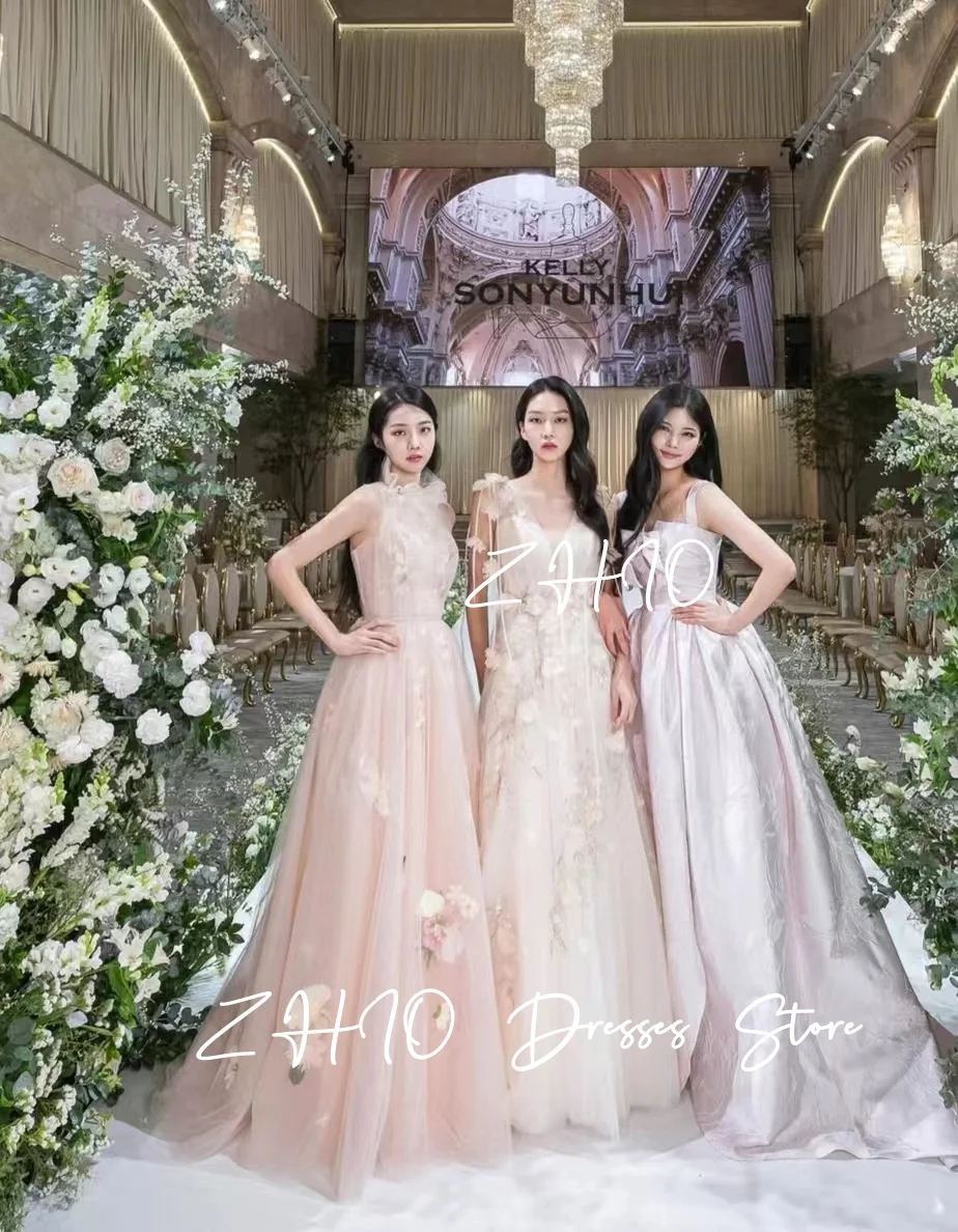 ZHIO – robe de soirée de mariage plissée, avec des appliques exquises, col haut, ligne a rose, en Tulle, pour séance Photo coréenne, robe de réception de mariée personnalisée