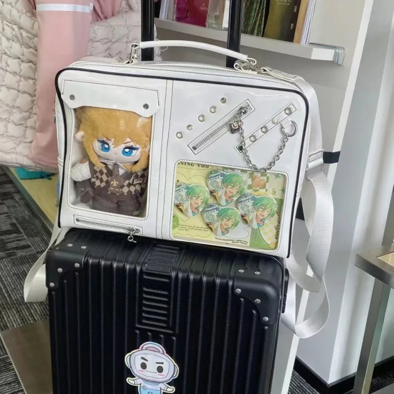 برشام سلسلة Y2k Ita حقيبة يد الفتيات جيب مزدوج Preppy نمط حقيبة كتف شارة عرض Harajuku ظهره لطيف دمية الألم حقيبة #4