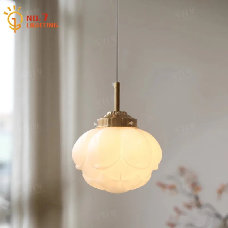 Cream Wind Pink/White Glass Bud Chandelier Lighting LED E27 Single Head Minimalist Hanging Lamp Bedroom Bedside Restaurant Cafe