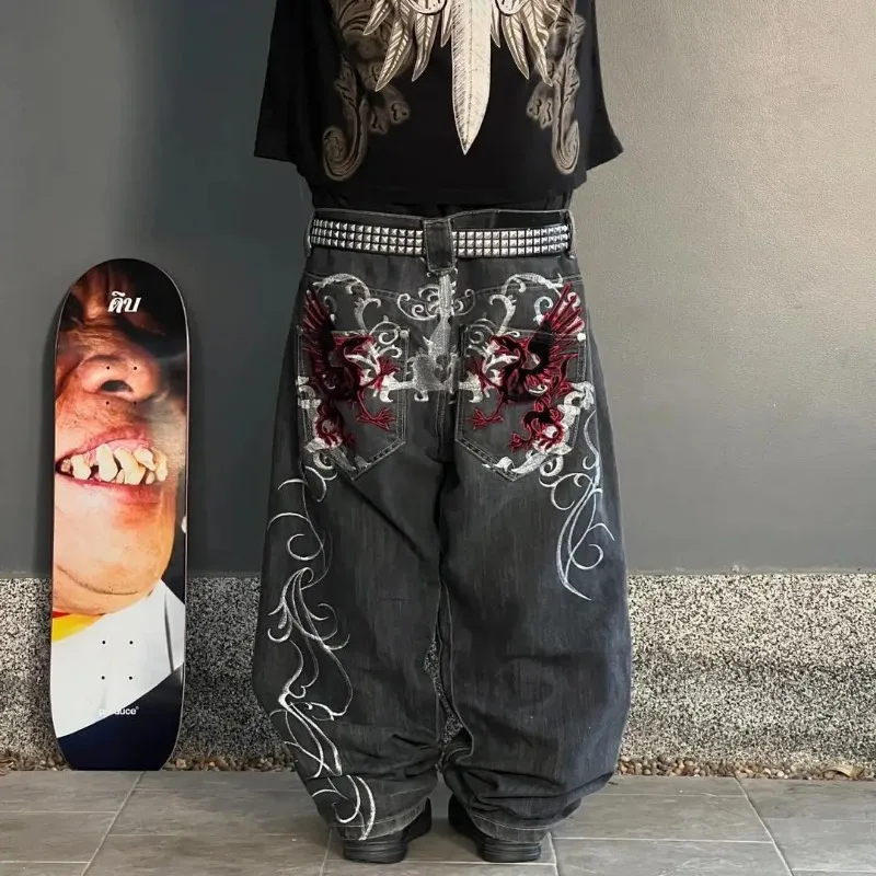 QWEEK Oversized America Retro Jeans Vintage Hip Hop Baggy Gothic Print Japanese Harajuku Denim Pants Streetwear Fashion Trousers