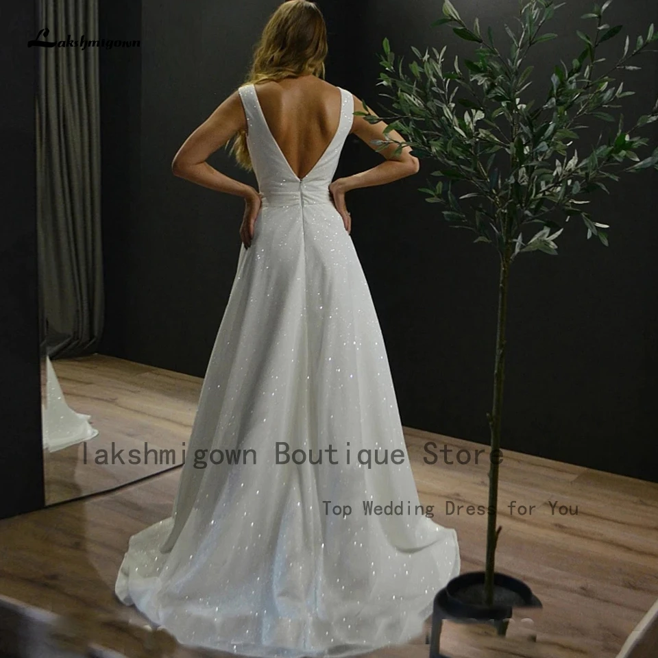 Lakshmigown Glitter Sequin Een Lijn Trouwjurk V-hals Vestidos Sexy Bridal Beach Partij Jassen Ruglooze 2023 Robe De Mariage