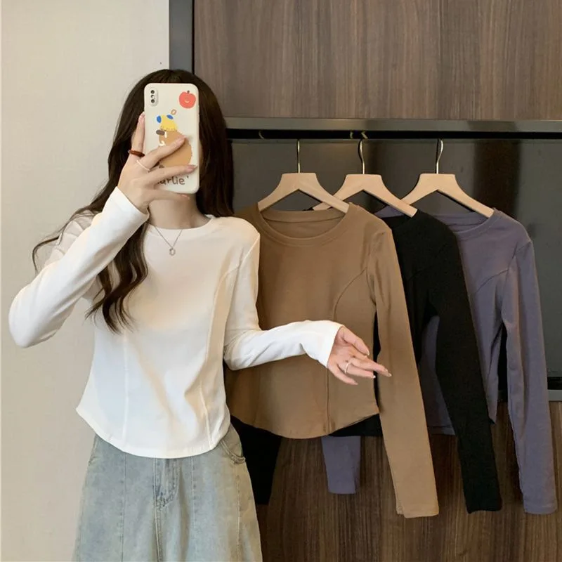 

Versatile Shoulder Design Polyester Fiber round Neckline Commute Style Slim Fit Women's Long Sleeve T-Shirt Comfortable Casual