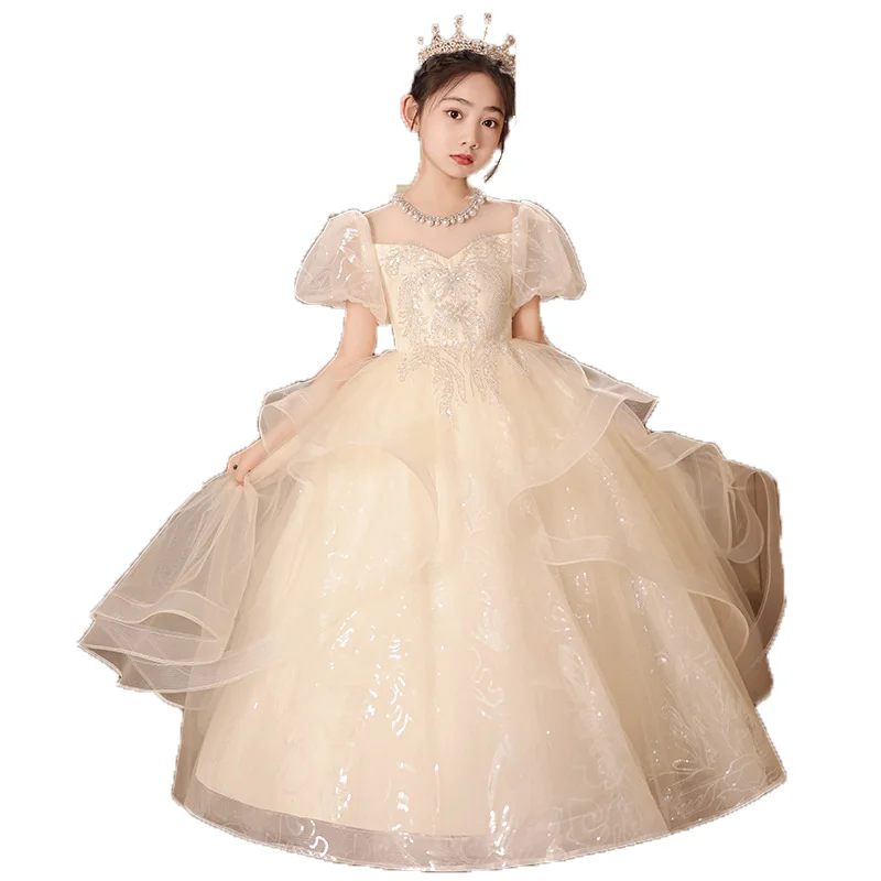 Champagne Children's Fashion Dress 2025 Spring Sweet and Cute Round Neck Bubble Sleeves Puffy Yarn Girls' Performance Dress