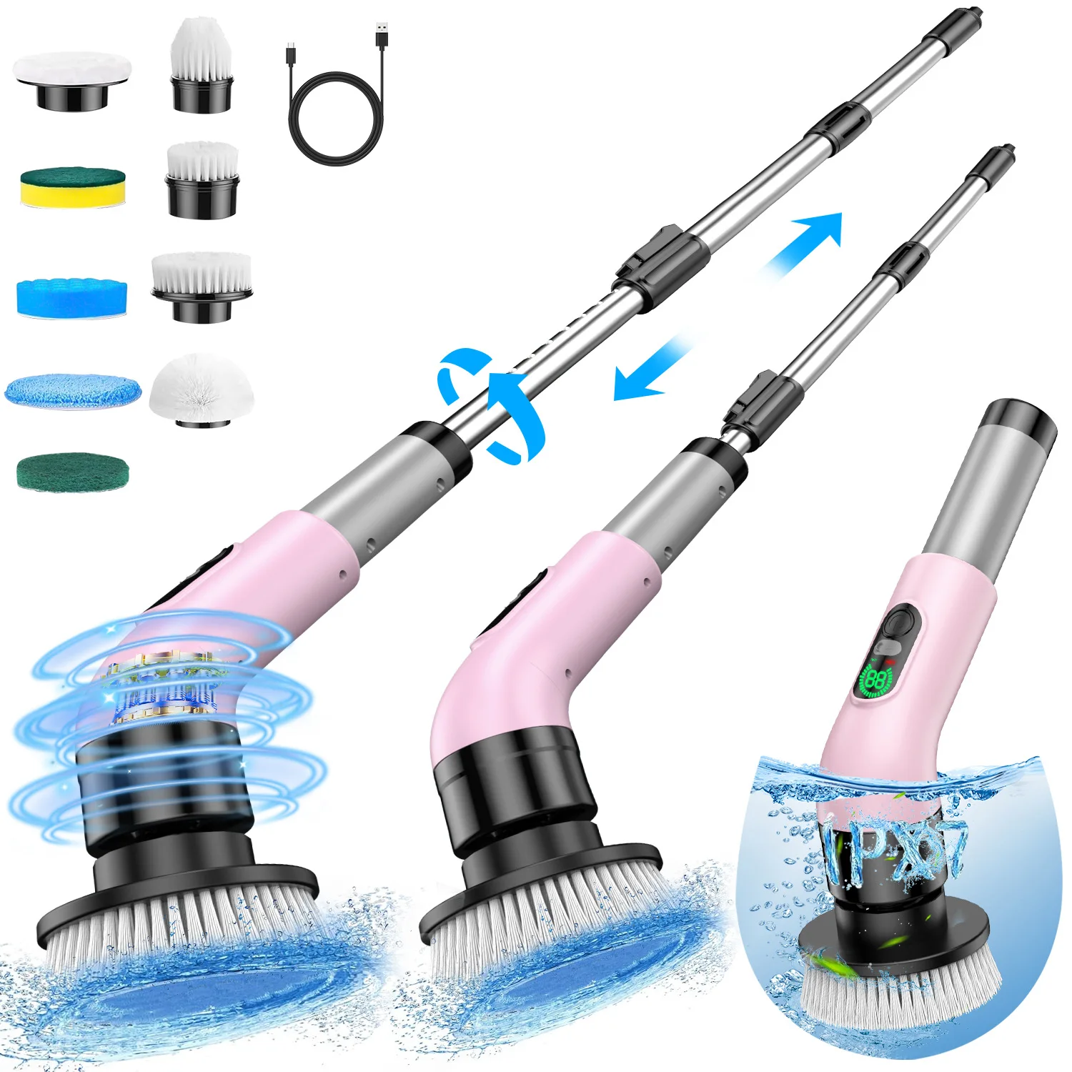 

9-in-1 Cordless Electric Cleaning Brush with LED Display Adjustable Handle 380RPM Waterproof for Bathroom Kitchen Tile Floor