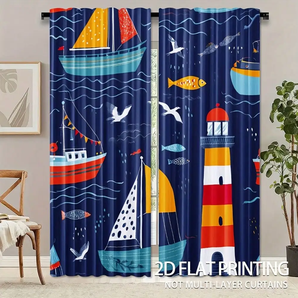 2pcs, Elegant Nautical Boat House Fish Seagull Print Curtains Light Filtering Rod Pocket Design For Bedroom Living Room Office