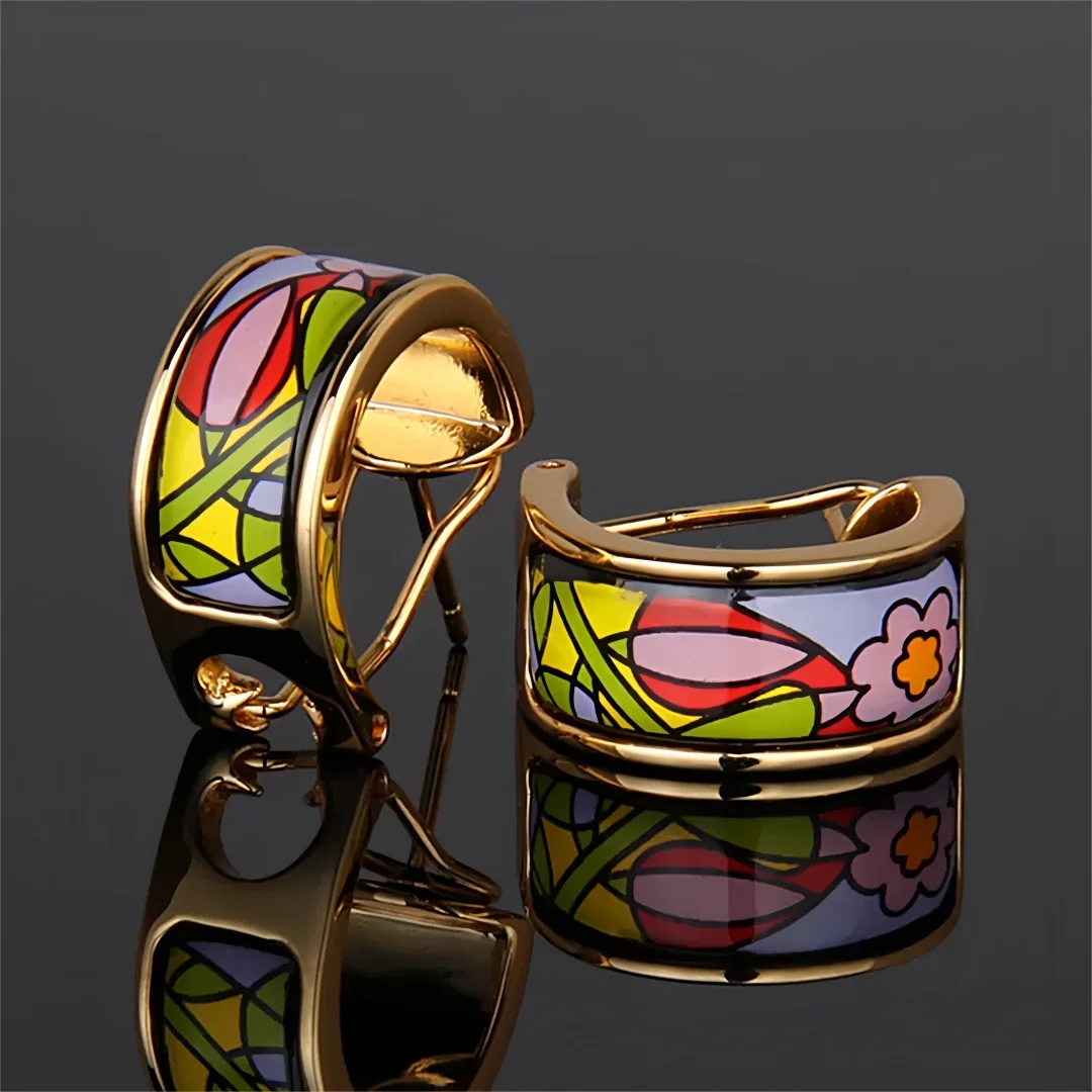 New Cloisonne Charms Stud Earrings for Women Enamel Flowers Garden Gilded Ear Clip Fine Choice Jewelry Lover's Gift Wholesale