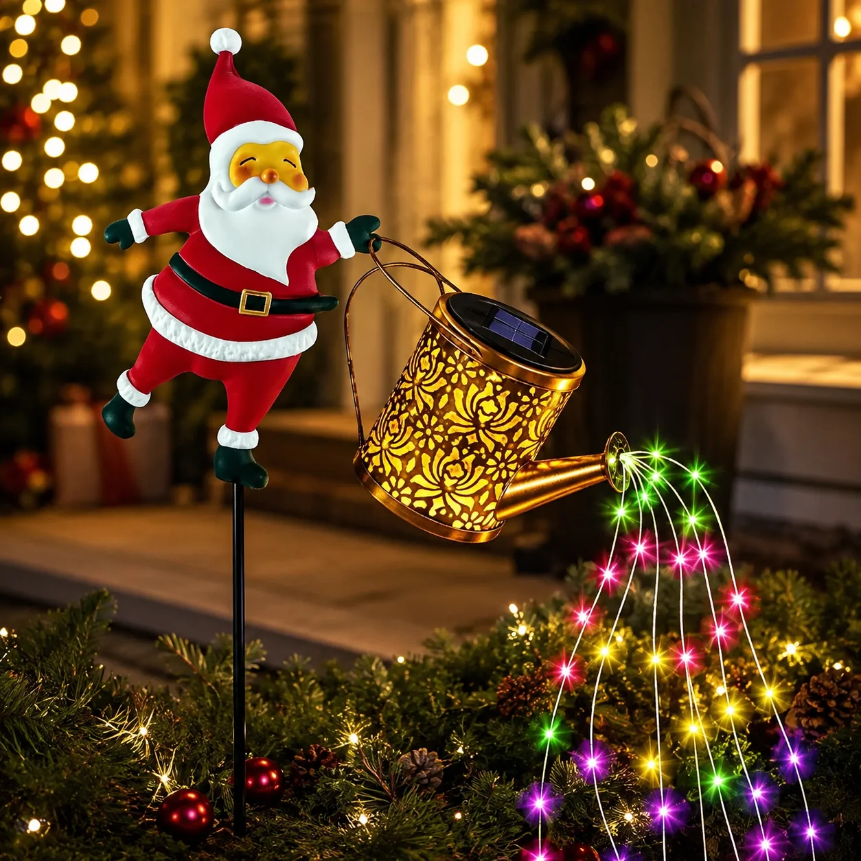 Solar Powered Santa Claus Watering Can Light Colorful LED Christmas Garden Stake Lamp for Outdoor Lawn Patio Yard Decoration