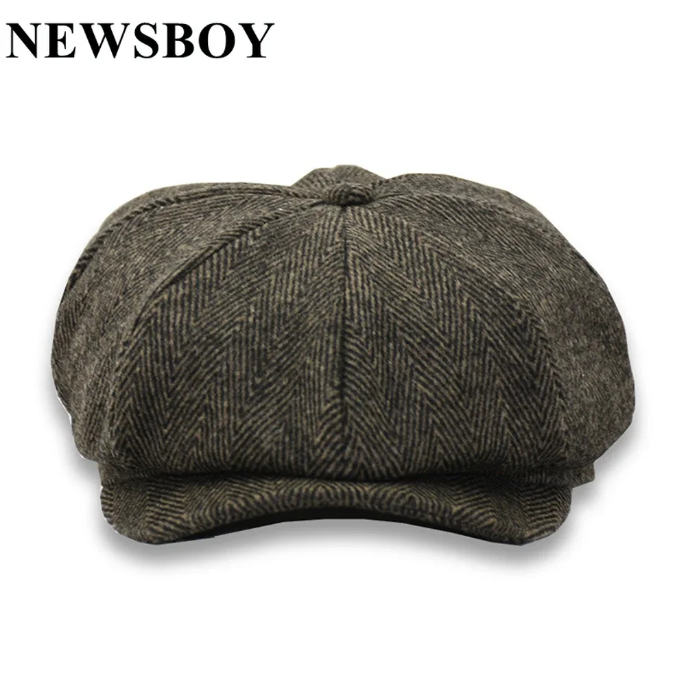 

NEWSBOY Cap Wool Autumn Winter Mens Hats Vintage Herringbone Flat Cap Woolen Striped Male Beret Newsboy Hat Black Coffee