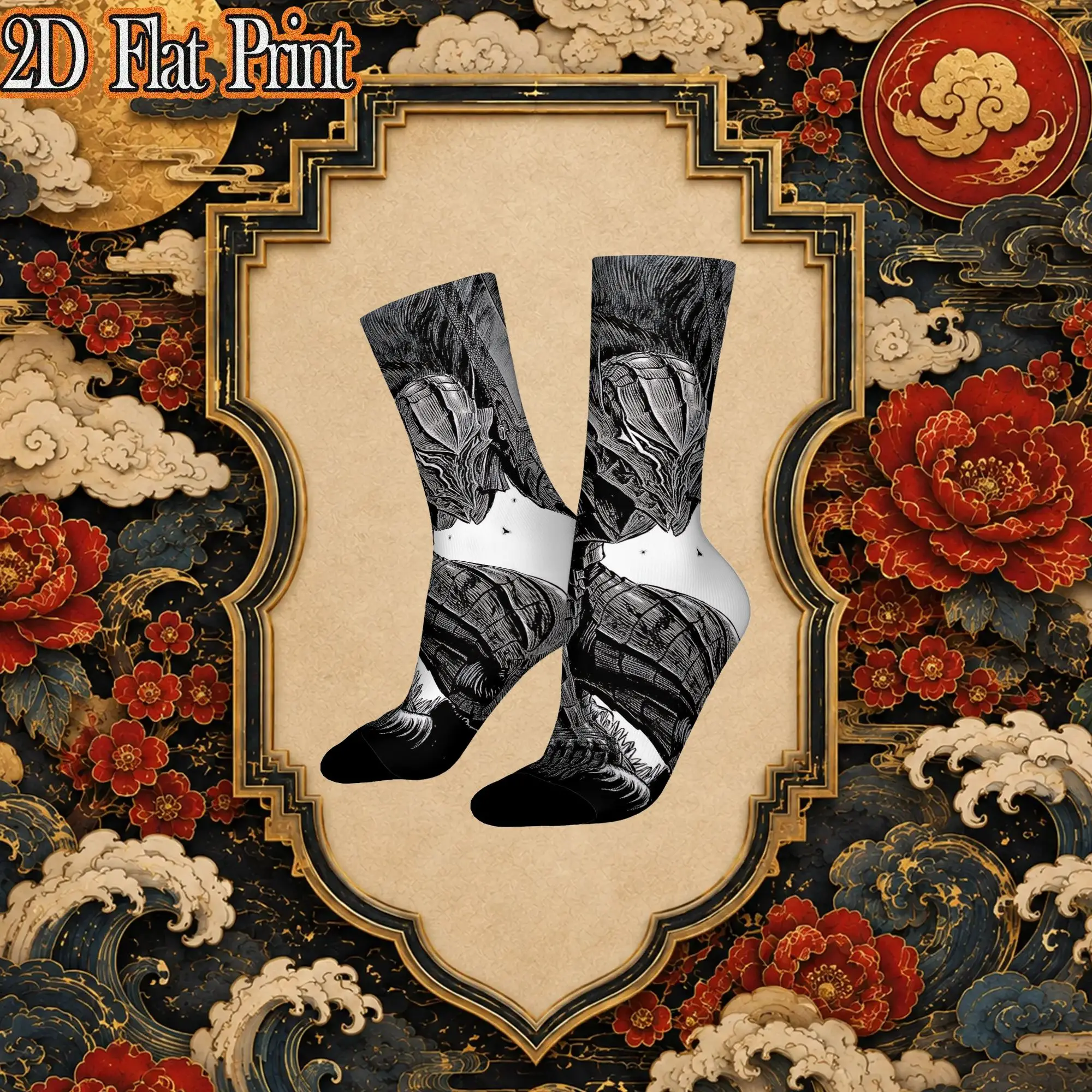 Armored Warrior Sketch Print Retro Berserk Hip Hop Novelty Seamless Mid Tube Creative Sock Sports Socks