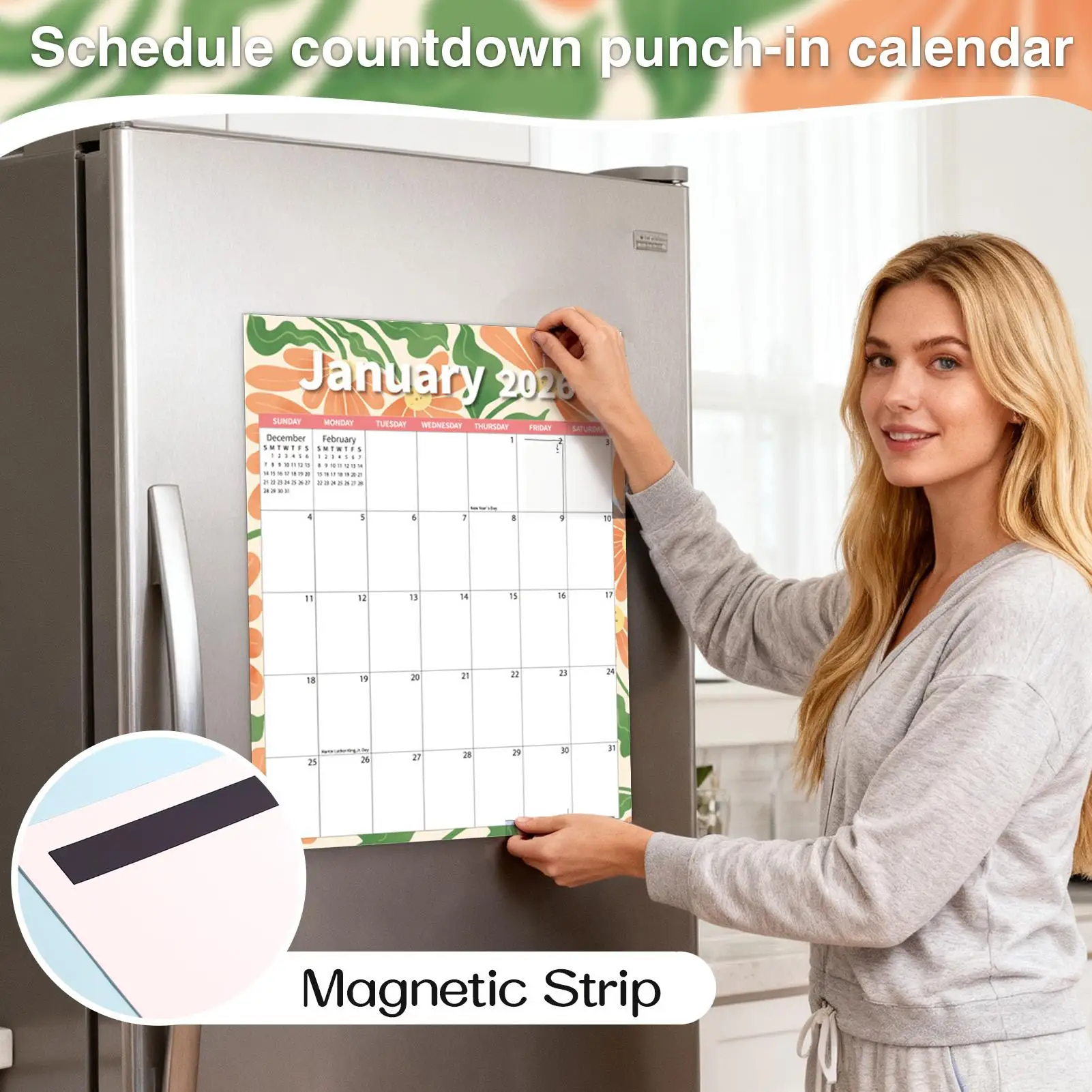 Magnetic Calendar For Refrigerator 12-Month Weekly Planner Calendar 2026 Smudge-proof Magnetic Schedule Countdown Punch-In