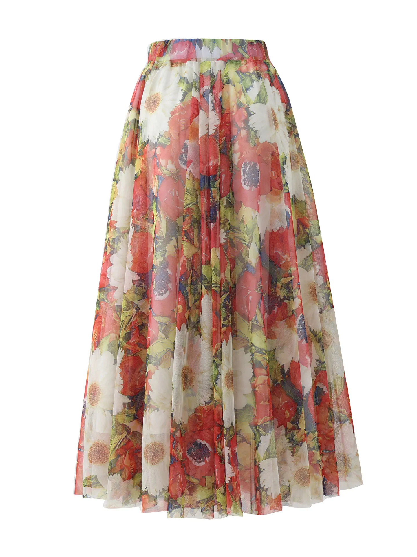 2026 New Summer All-match Mesh Printing Umbrella Skirt Women Elegant Elastic High Waist Mid-length Bohemian Beach A-line Skirts