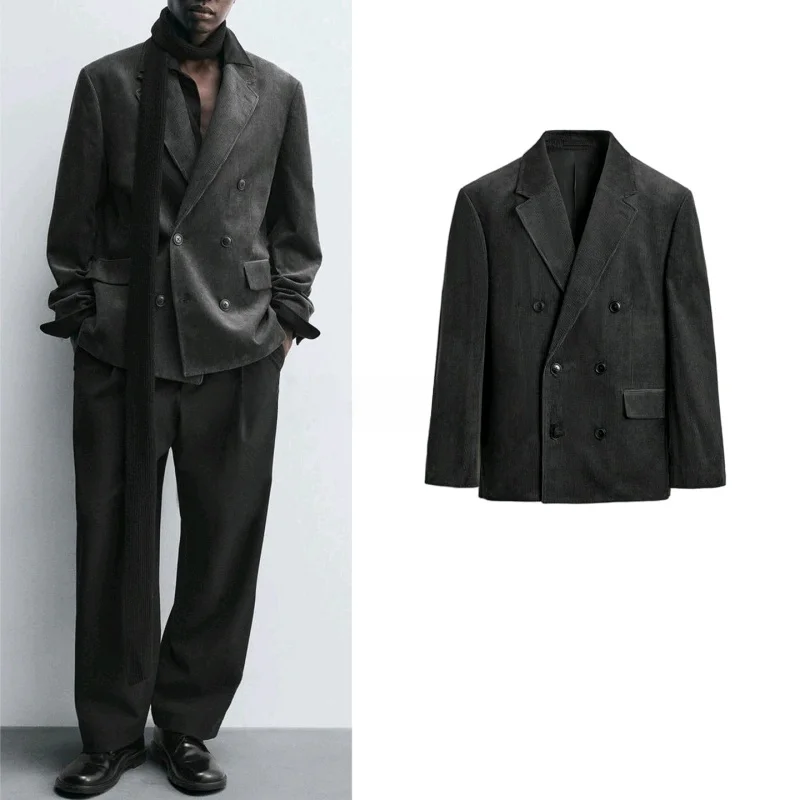 

Slim Fit Long Sve Вельветовый двубортный мужской костюм Jaet, зимнее новое поступление, классическая футболка с воротником на пуговицах Ba Split You...