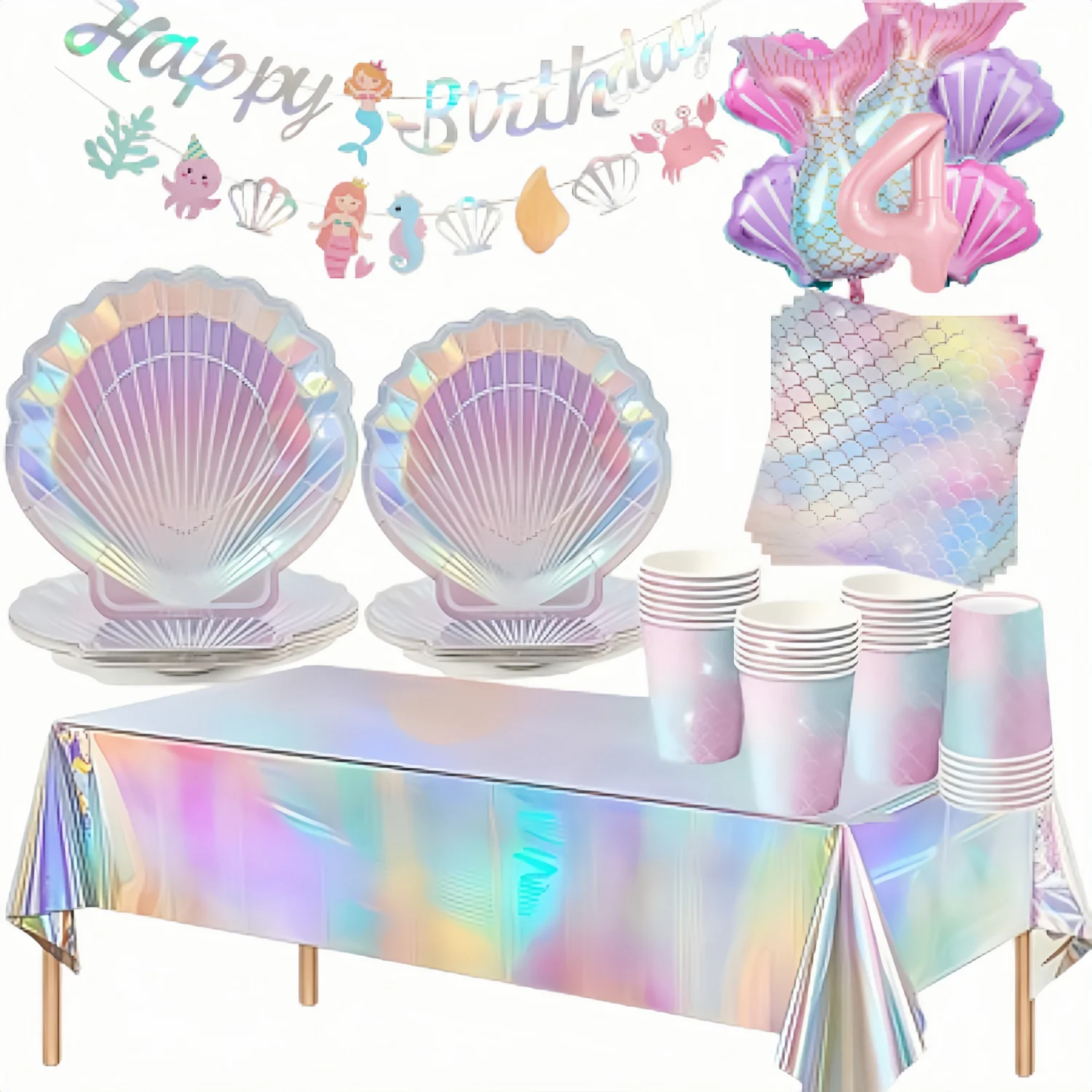 Juego de Vajilla para Decoración de Fiesta de Cumpleaños de Sirena, Platos, Vasos, Servilletas y Globos con Degradado de Color, para Bodas, Fiestas Infantiles, Regalos para Niñas