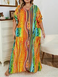 Plus Size Women's V-neck Casual Full Body Printed with Pockets Loose Long Dress Fashion Dress Daily Simple and Versatile Dress