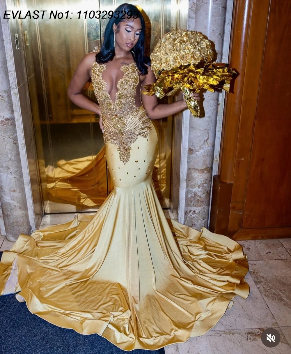 EVLAST Maßgeschneidertes 2025, luxuriöses Gold-Strass-Abschlussballkleid für Blackgirls, glänzende Kristallperlen, afrikanisches Memaid-Party-Galakleid TPD304