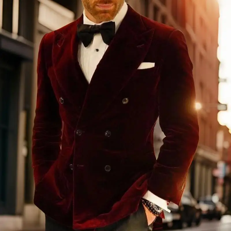 Slim Fit Wedding Men Suit Jacket for Groom Party 1 Piece Velvet Smoking Wedding Tuxedo Blazer Double Breasted Burgundy Suit Coat