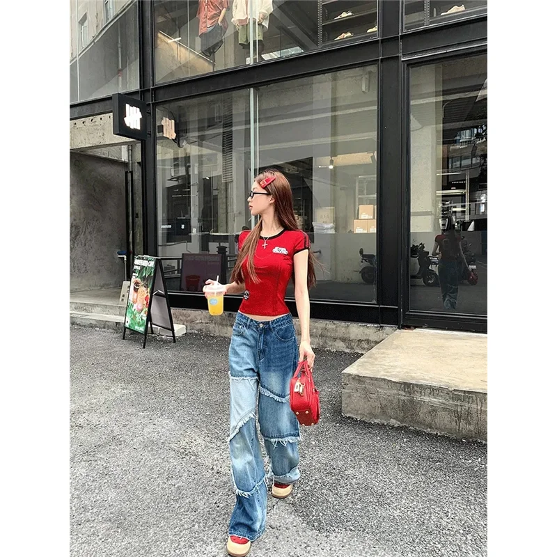 Blue Women Jeans High Waist Fashion American Vintage Streetwear Y2K 2000S Wide Leg Jean Female Denim Trouser Baggy Denim Pants